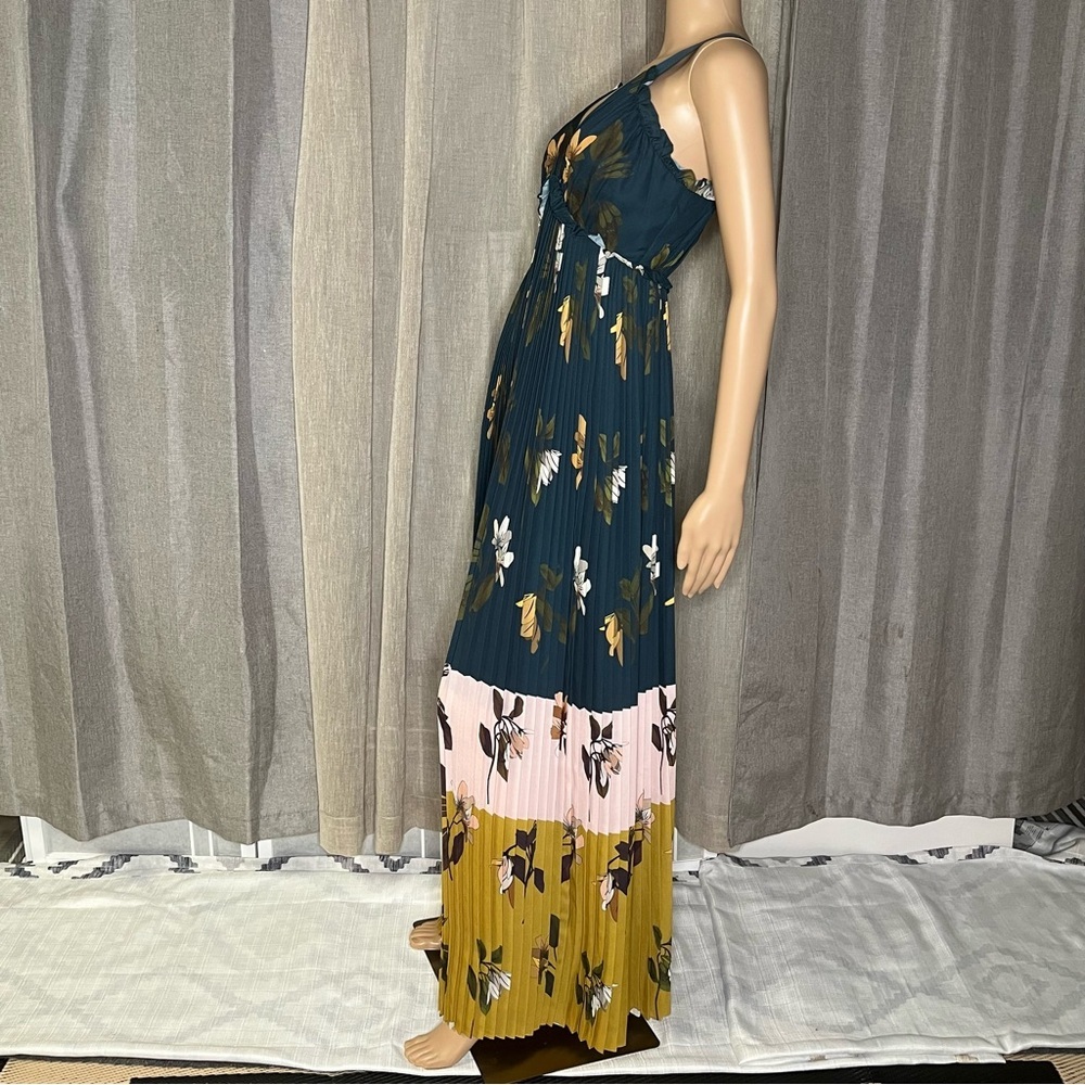Ted Baker Kaylare Savanna Teal and Yellow Floral Maxi Pleated Dress Size 0 - Picture 3 of 13